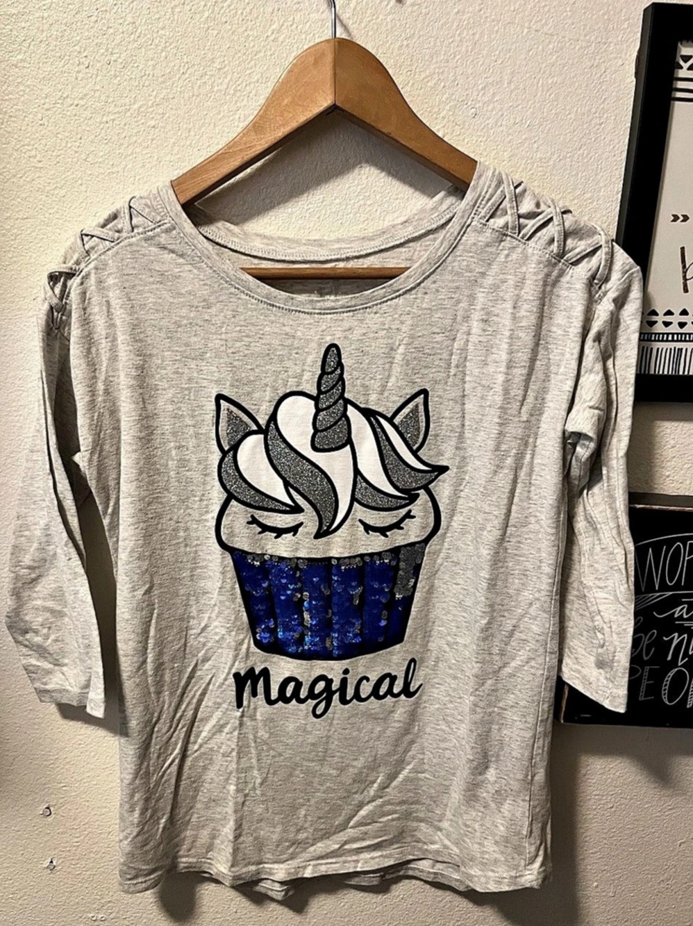 Justice Girls Long Sleeve Unicorn Top Gray Size 14/16